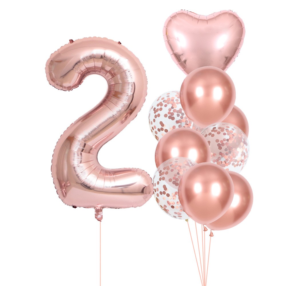 Set 10 Baloane Folie si Latex, Flippy, Tematica Aniversare, Baloane Latex 25cm, Figurina Inimioara 45 cm, Cifra 2 de 81 cm, Ambalaj Individual, Pai Inclus, Umflare cu Aer sau Heliu, Roz Pal
