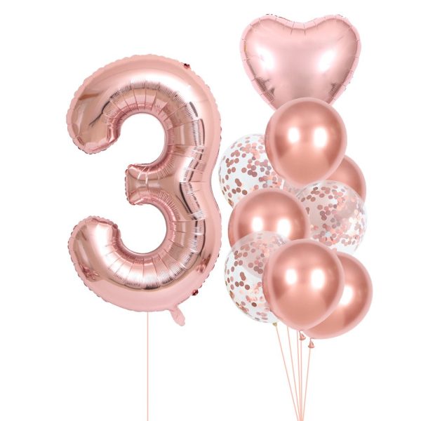 Set 10 Baloane Folie si Latex, Flippy, Tematica Aniversare, Baloane Latex 25cm, Figurina Inimioara 45 cm, Cifra 3 de 81 cm, Ambalaj Individual, Pai Inclus, Umflare cu Aer sau Heliu, Roz Pal