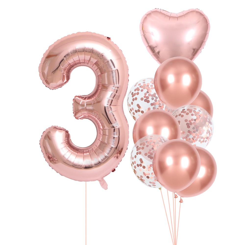 Set 10 Baloane Folie si Latex, Flippy, Tematica Aniversare, Baloane Latex 25cm, Figurina Inimioara 45 cm, Cifra 3 de 81 cm, Ambalaj Individual, Pai Inclus, Umflare cu Aer sau Heliu, Roz Pal