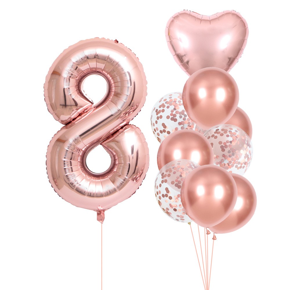 Set 10 Baloane Folie si Latex, Flippy, Tematica Aniversare, Baloane Latex 25cm, Figurina Inimioara 45 cm, Cifra 8 de 81 cm, Ambalaj Individual, Pai Inclus, Umflare cu Aer sau Heliu, Roz Pal