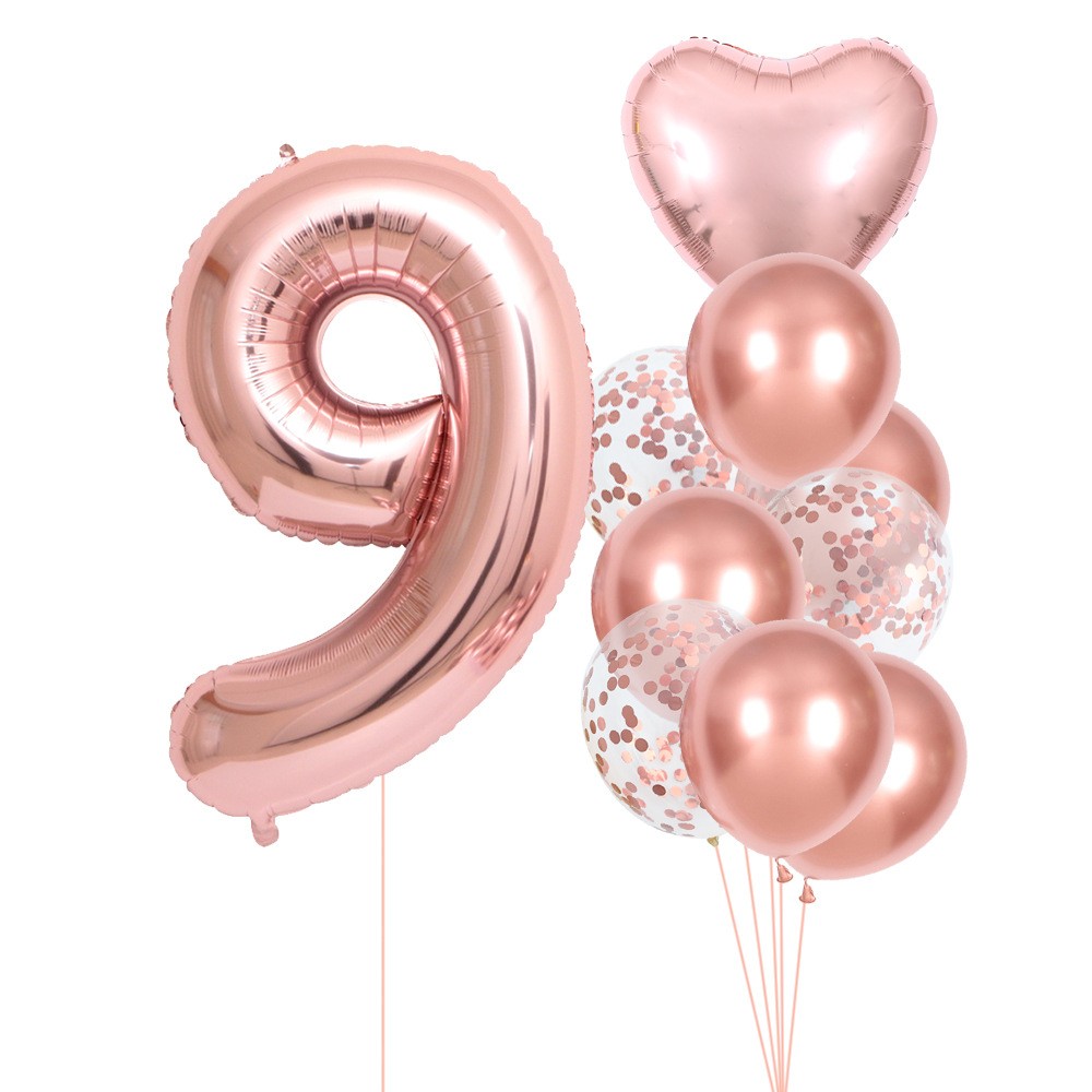 Set 10 Baloane Folie si Latex, Flippy, Tematica Aniversare, Baloane Latex 25cm, Figurina Inimioara 45 cm, Cifra 9 de 81 cm, Ambalaj Individual, Pai Inclus, Umflare cu Aer sau Heliu, Roz Pal
