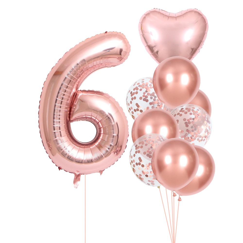 Set 10 Baloane Folie si Latex, Flippy, Tematica Aniversare, Baloane Latex 25cm, Figurina Inimioara 45 cm, Cifra 6 de 81 cm, Ambalaj Individual, Pai Inclus, Umflare cu Aer sau Heliu, Roz Pal