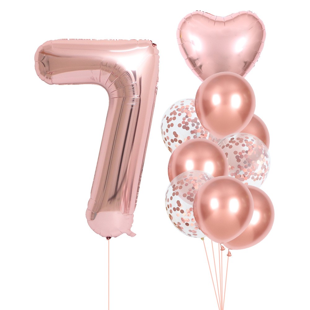 Set 10 Baloane Folie si Latex, Flippy, Tematica Aniversare, Baloane Latex 25cm, Figurina Inimioara 45 cm, Cifra 7 de 81 cm, Ambalaj Individual, Pai Inclus, Umflare cu Aer sau Heliu, Roz Pal