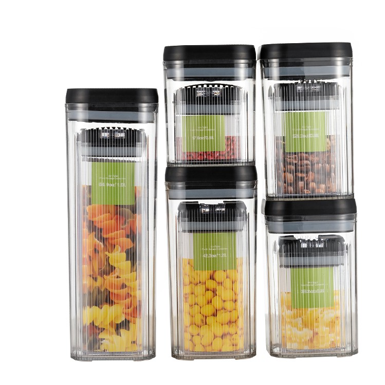 Cutii de Depozitare Alimente, Flippy, Set din 10 Cutii de tip Container, Recipiente pentru Cereale in Bucatarie,  Transparente cu Capac Negru