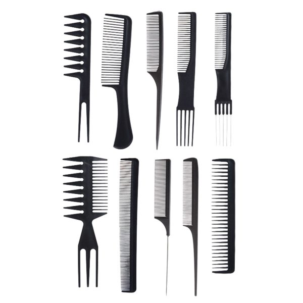 Set piepteni profesionali pentru coafat, Flippy, 10 bucati, PP + Otel inoxidabil, 18,5–22 cm, Rezistenti la caldura, Negru