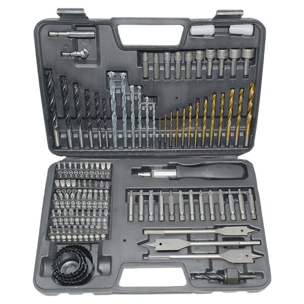 Set Scule Profesionale, Flippy, Set 111 buc, Accesorii Multifunctionale pentru Gaurire si Insurubare, Burghie Lemn, Metal, Zidarie, Cutie Transport, 30 x 20 x 6 cm, Negru