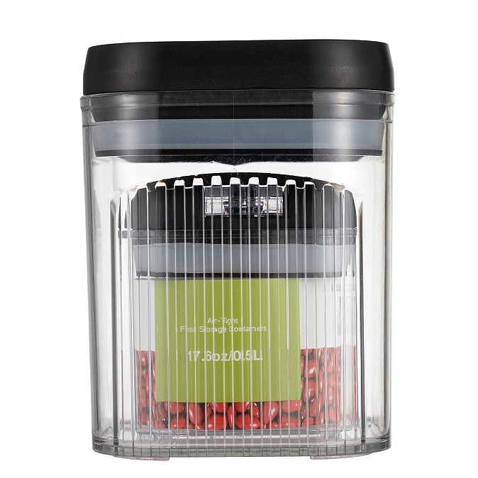 Cutii de Depozitare Alimente, Flippy, Set din 2 Cutii de Tip Container de 0.5 si 1.3 l, Recipiente pentru Cereale in Bucatarie, Transparente cu Capac Negru
