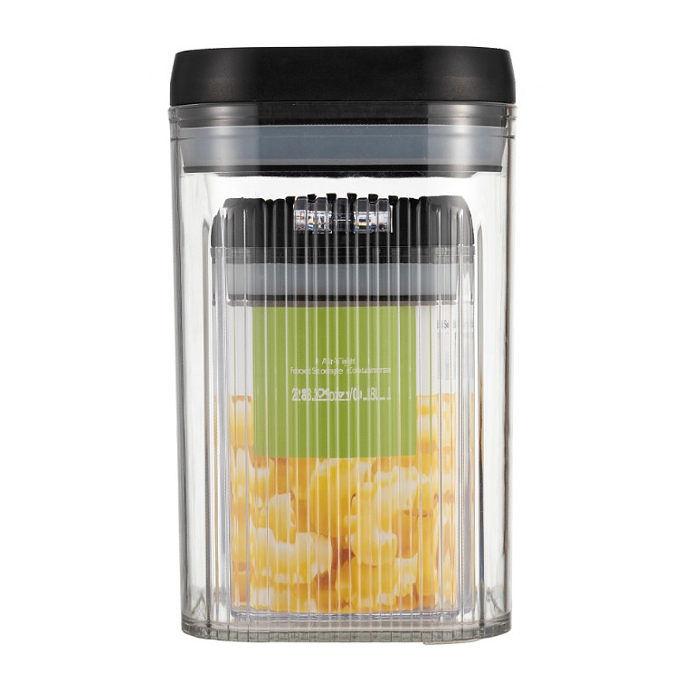Cutii de Depozitare Alimente, Flippy, Set din 2 Cutii de Tip Container de 0.8 si 1.3 l, Recipiente pentru Cereale in Bucatarie, Transparente cu Capac Negru