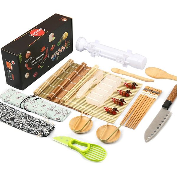 Set Ustensile pentru Sushi, Flippy, Set din 24 Accesorii pentru Sushi, Set pentru Sushi HOME MADE, Cutit Inclus, Forme, Betisoare, Multicolor