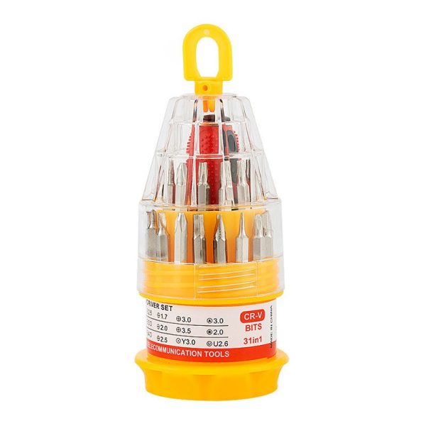 Set de Surubelnite 31-in-1 cu Clichet, Flippy, Set de Uz Casnic pentru Repararea Electronicelor Mici, Maner durabil Izolat Magnetic, 10 x 5 x 5 cm, Galben