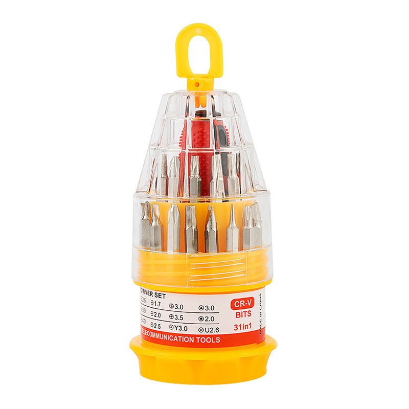 Set de Surubelnite 31-in-1 cu Clichet, Flippy, Set de Uz Casnic pentru Repararea Electronicelor Mici, Maner durabil Izolat Magnetic, 10 x 5 x 5 cm, Galben
