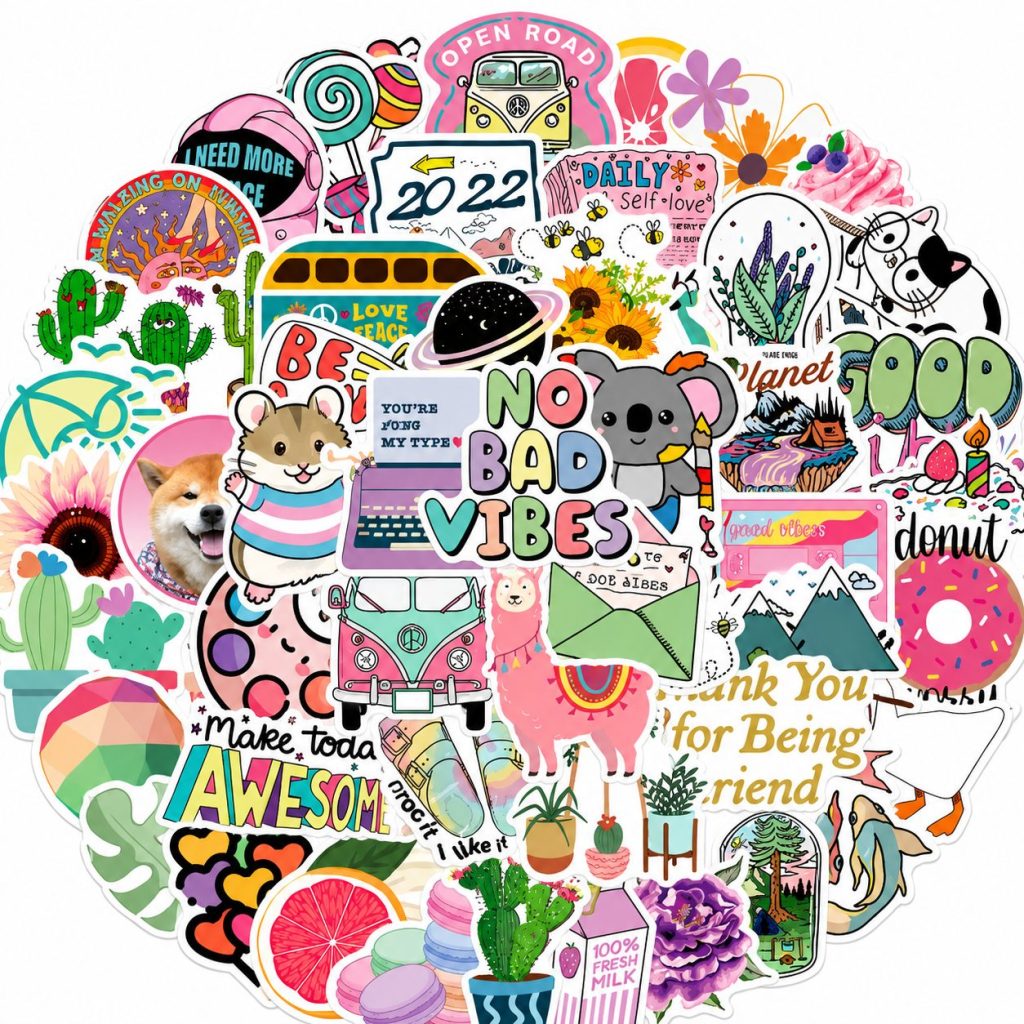 Set 50 Stickere Decorative, Flippy, Modele Cartoon si Graffiti, Animale, Peisaje si Astronauti, Impermeabile, Aproximativ 5 x 6 cm, Multicolor