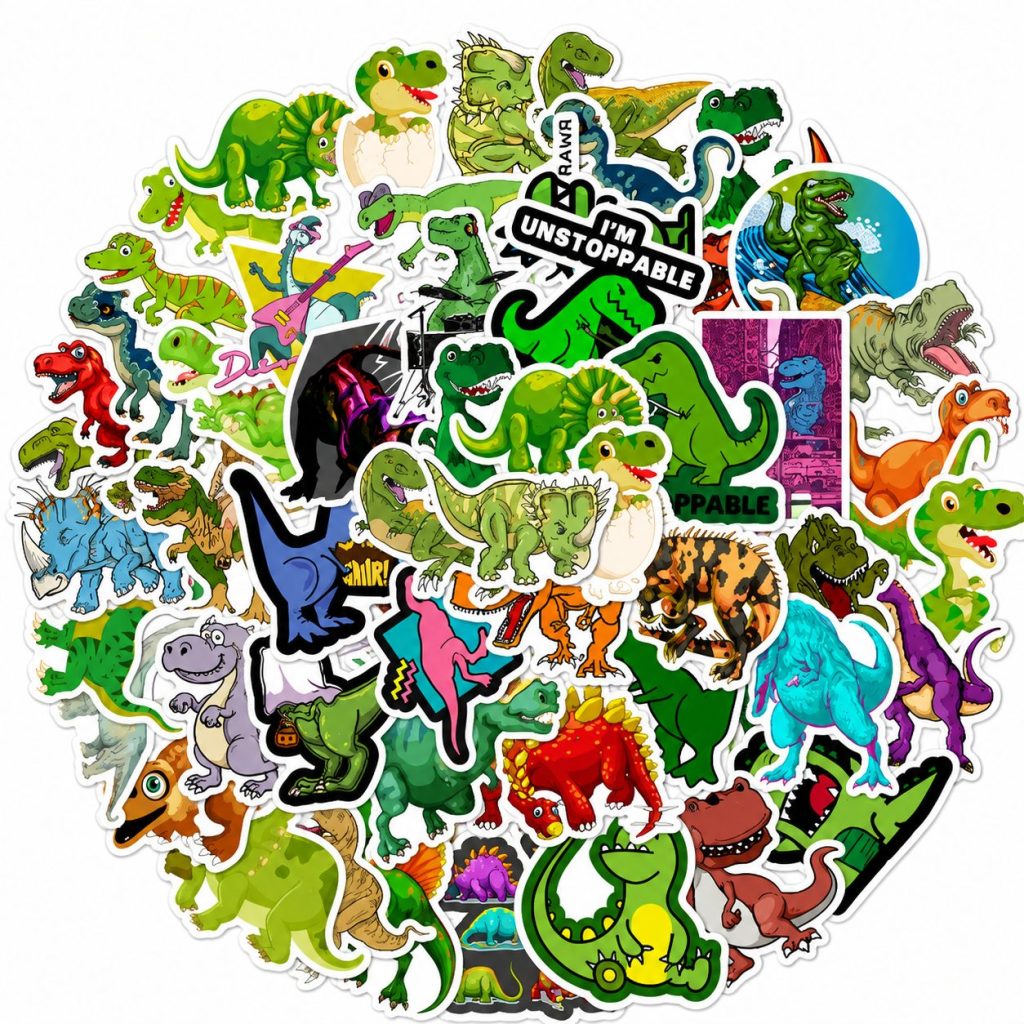 Set 50 Stickere Decorative, Flippy, Modele Dinozauri Cartoon, Impermeabile, Aproximativ 5 x 6 cm, Multicolor