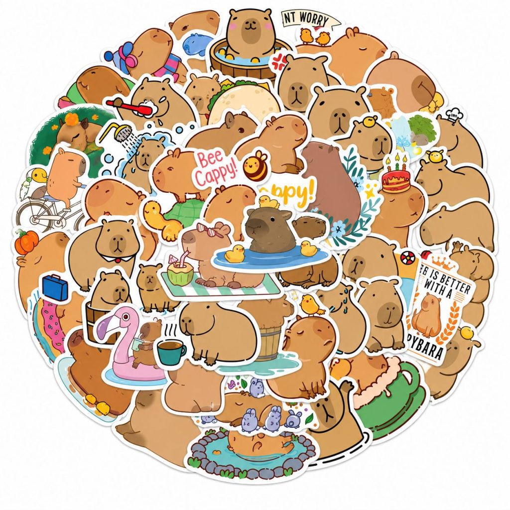 Set 50 Stickere Decorative, Flippy, Modele Capybara Cartoon, din Vinil, Impermeabile, Aproximativ 5.27 x 5.42 cm, Multicolor