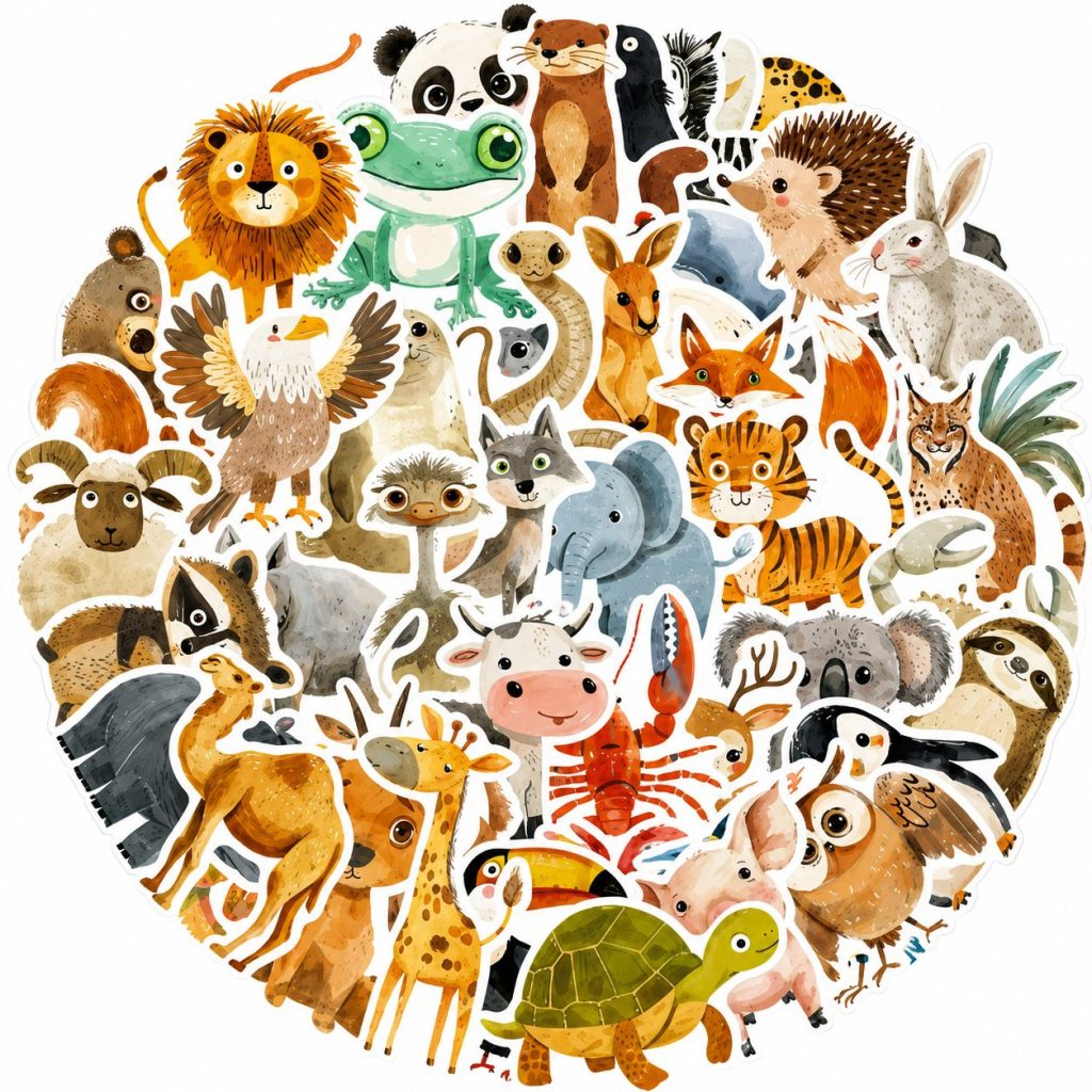 Set 50 Stickere Decorative, Flippy, Modele Animale Desenate, Impermeabile, pentru Laptop, Caiete, Chitara si Bagaje, Aproximativ 4.75 x 5.5 cm, Multicolor