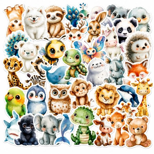 Set 50 Stickere Decorative, Flippy, Modele Animale in Stil Acuarela, Impermeabile, Aproximativ 5.27 x 5.46 cm, Multicolor