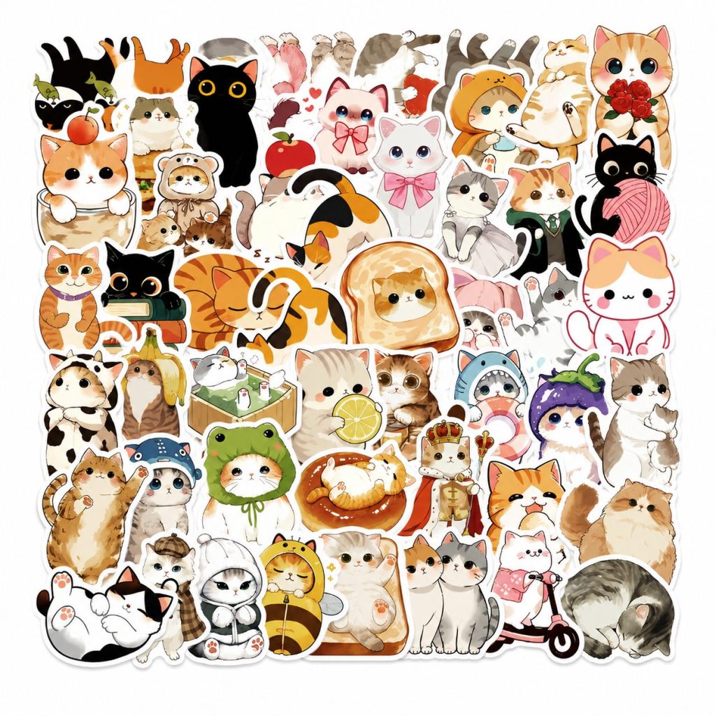 Set 50 Stickere Decorative, Flippy, Modele Pisici Cartoon Dragute, Impermeabile, Aproximativ 5.27 x 5.42 cm, Multicolor