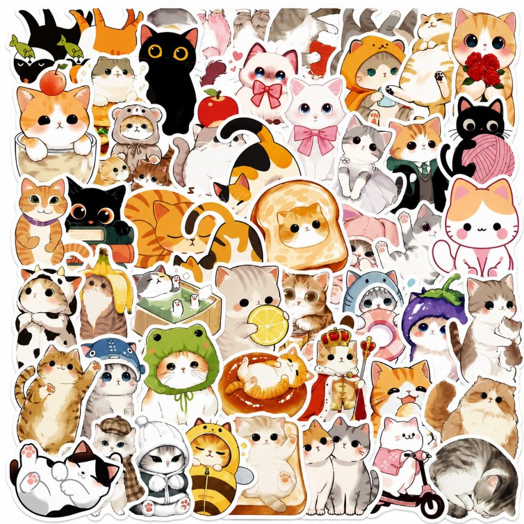 Set 50 Stickere Decorative, Flippy, Modele Pisici Cartoon Dragute, Impermeabile, Aproximativ 5.27 x 5.46 cm, Multicolor