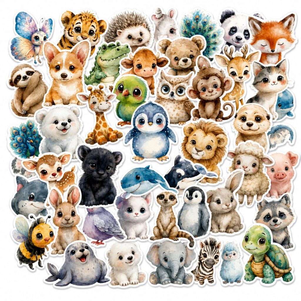 Set 50 Stickere Decorative, Flippy, Modele Animale Cartoon in Stil Acuarela, Impermeabile, Aproximativ 5.27 x 5.43 cm, Multicolor