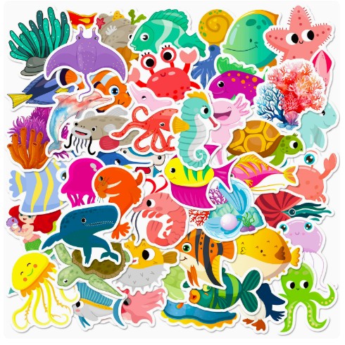 50 Sheets Marine Life Stickers, Aquarium Cute Cartoon Kids Toy Stickers with Underwater Dolphins and Sharks