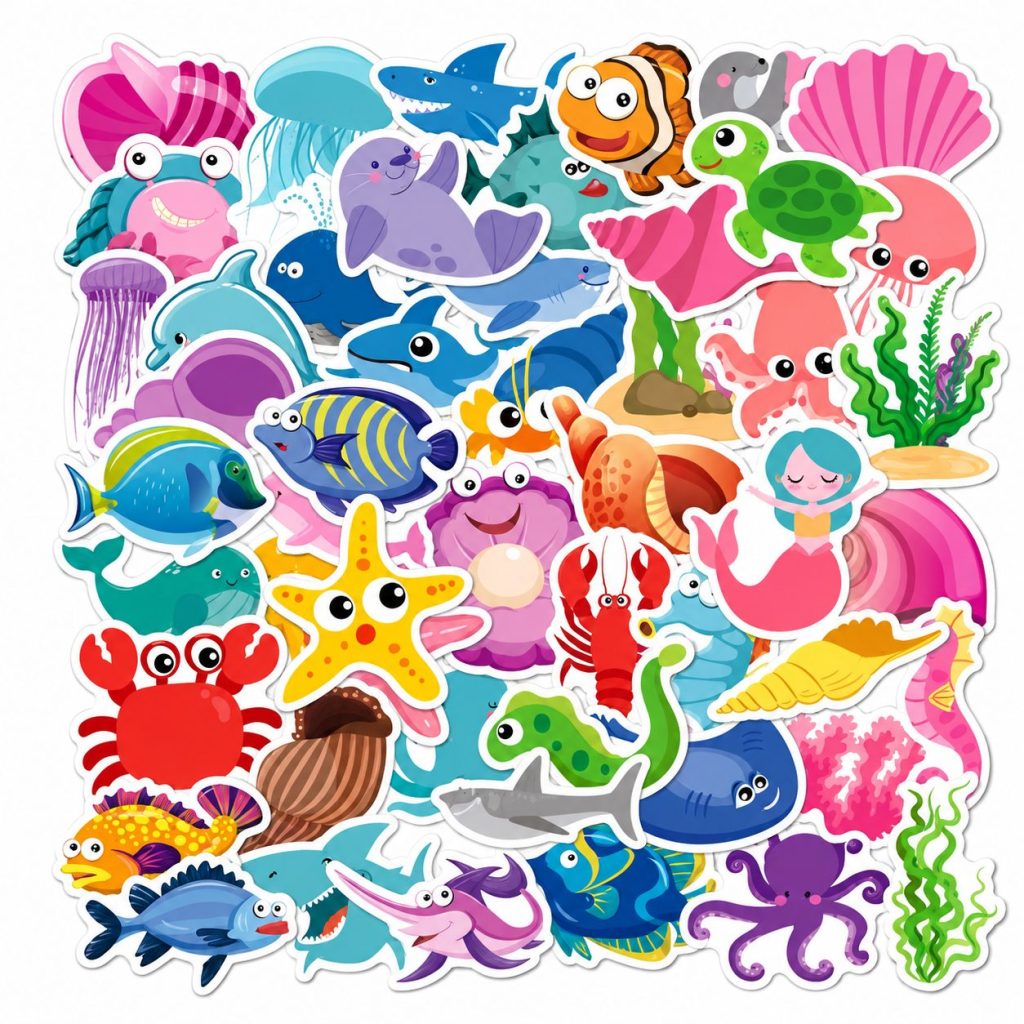 Set 50 Stickere Decorative, Flippy, Tema Lumea Marina, Personaje si Animale Acvatice, Folie Mata, pentru Ghiozdan si Bagaje, Aproximativ 5-6 cm, Multicolor