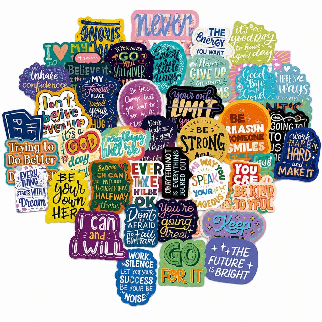 Set 50 Stickere Decorative, Flippy, cu Mesaje Motivationale si Citate Inspirationale in Limba Engleza, Impermeabile, Aproximativ 5.27 x 5.43 cm, Multicolor
