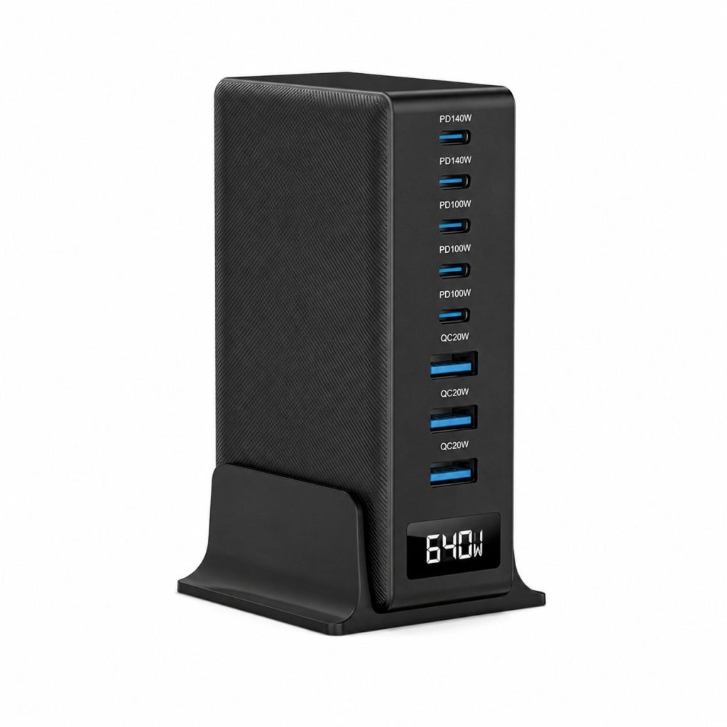 Statie de Incarcare Desktop 640W, Flippy, Tehnologie GaN, Fast Charging, 8 Porturi, Afisaj Digital, Standard European, Negru