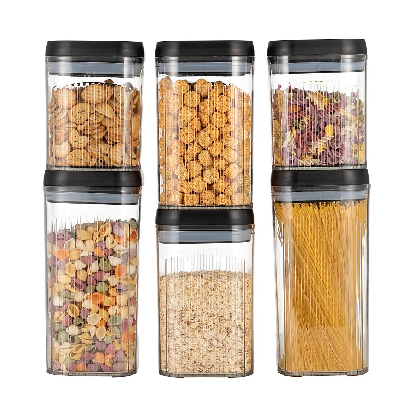 Cutii de Depozitare Alimente, Flippy, Set din 6 Cutii de tip Container, Recipiente pentru Cereale in Bucatarie,  Transparente cu Capac Negru