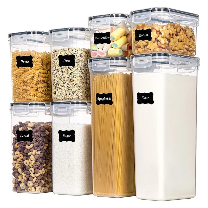 Cutii de depozitare alimente, Flippy, Set din 8 Cutii pentru Condimente, Cereale, Cutii pentru Bucatarie, din Plastic PP, Cutii Alimentare, Diferite Dimensiuni, Transparente