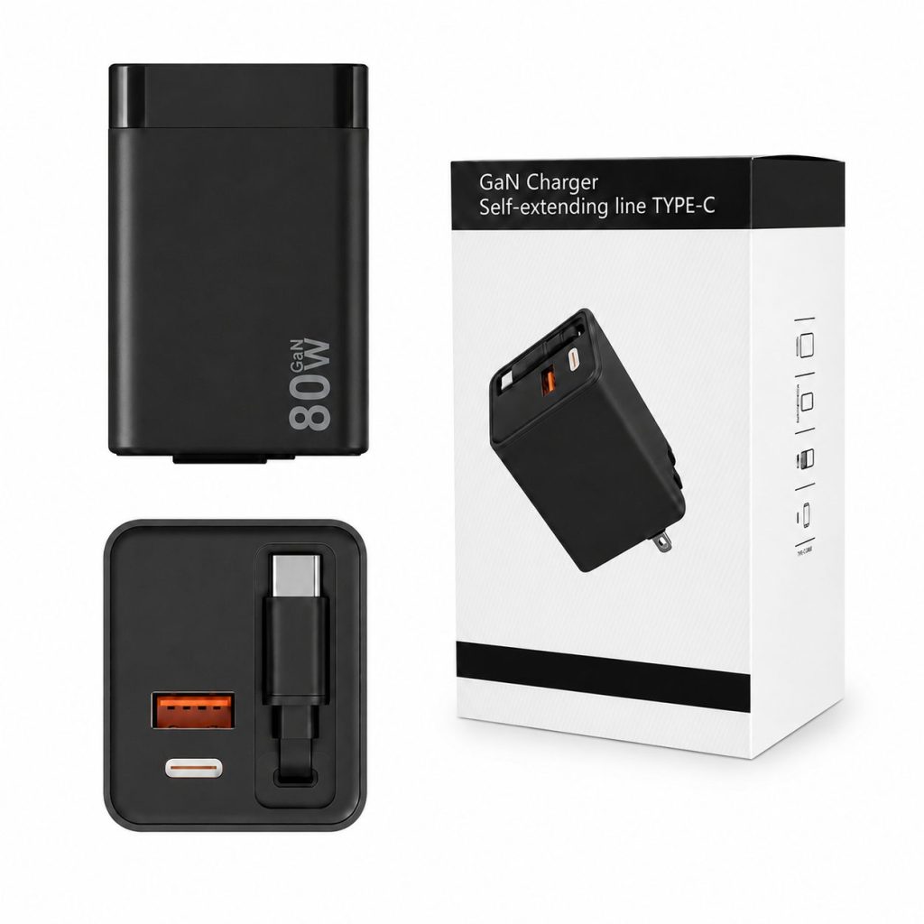 Incarcator Telefon, Flippy, 80W, GaN Technology, Dual Port USB-A si USB-C, Fast Charge, Cablu Type-C Retractabil, 60x40 mm, Negru
