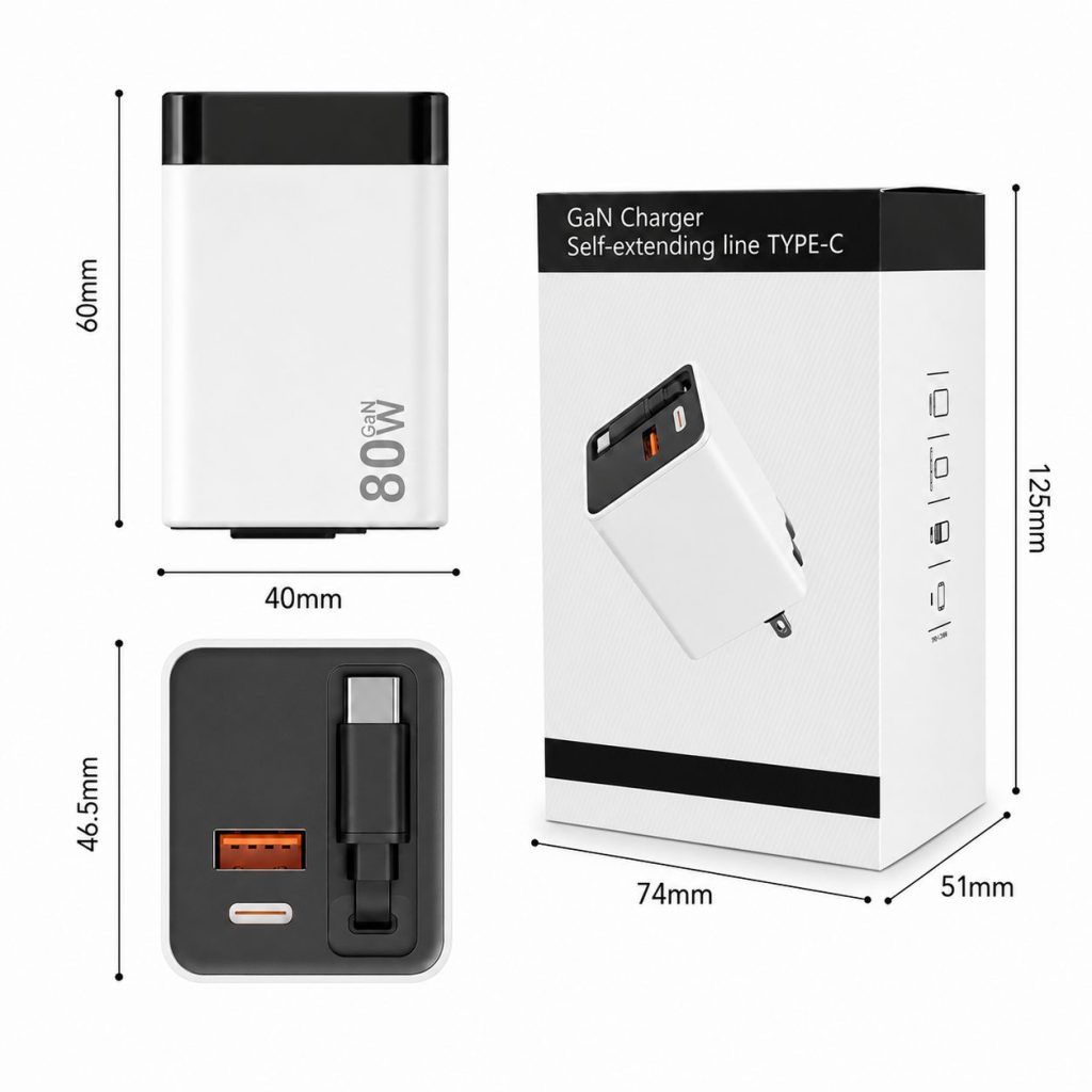 Incarcator Telefon, Flippy, 80W, GaN Technology, Dual Port USB-A si USB-C, Fast Charge, Cablu Type-C Retractabil, 60x40 mm, Alb