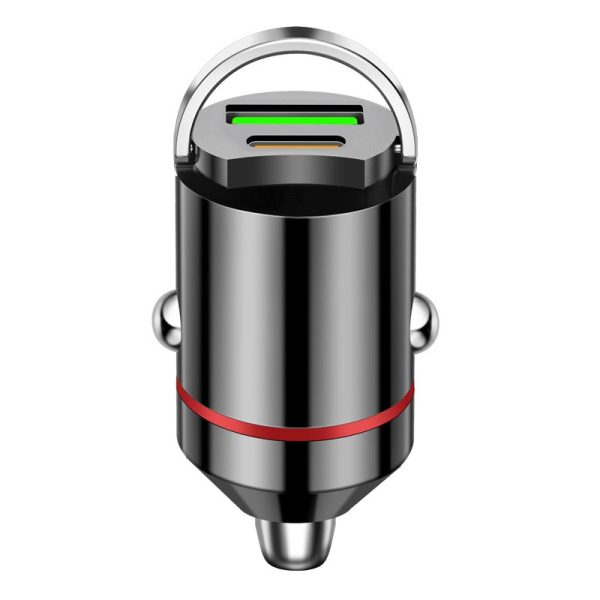Adaptor Auto 2 in 1, Flippy, din Aliaj, Port TYPE-C, PORT USB, 100 W, Inel Metalic de Tragere, practic Invizibil, Incarcare Mega Rapida, Negru