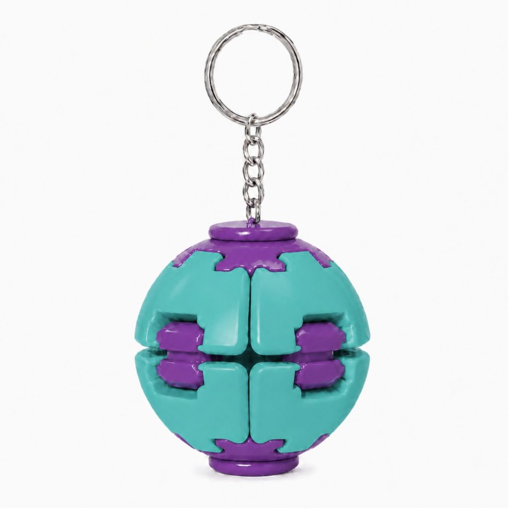 Denumire recomandată:  Minge Senzorială Antistres Rotativă 3D, Flippy, Tip Fidget Spinner, cu Breloc și Sistem Push and Spin, 4.5x5 cm, Turcoaz și Mov