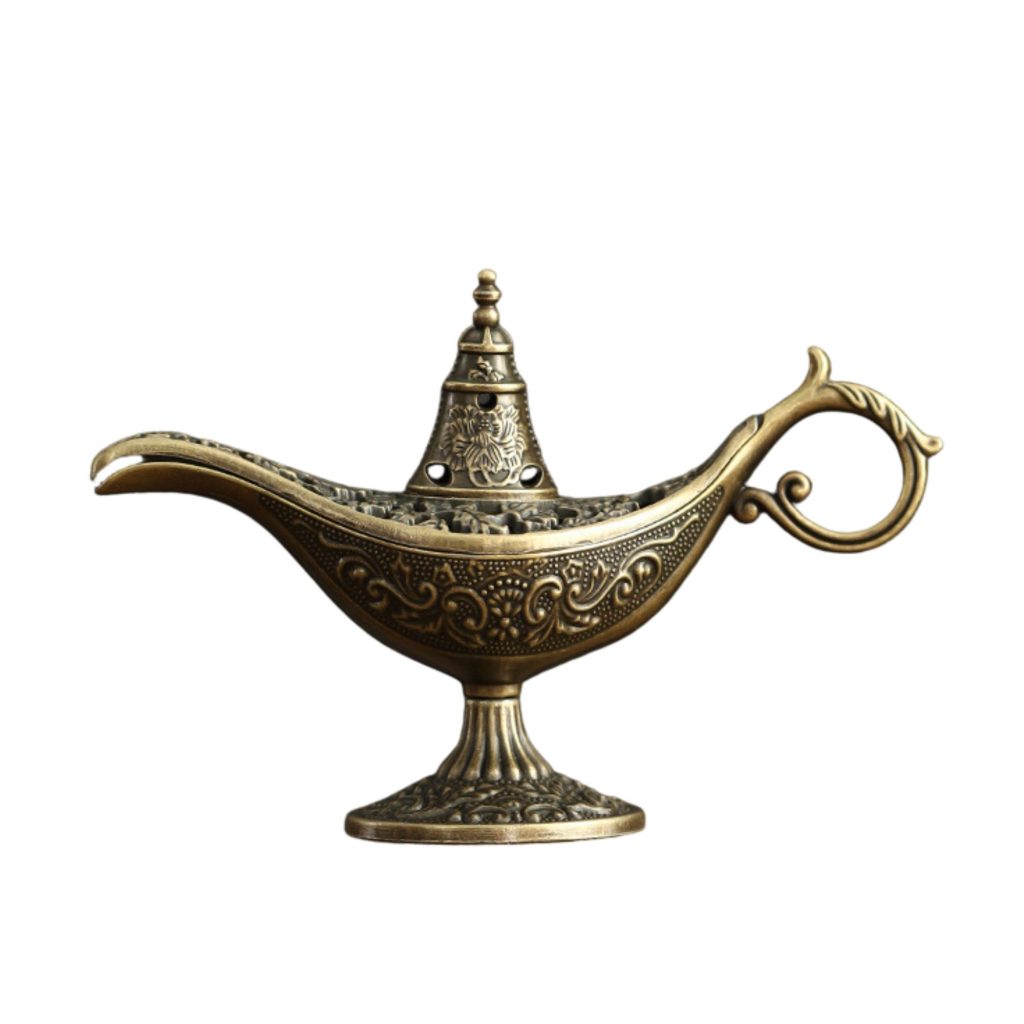 Arzator Tamaie, Flipppy, Model Lampa Aladin, Aliaj, Dimensiune Mica, cu Maner si Capac, Lampa Decorativa Vintage, 3.2 x 9 x 6 cm, Bronz
