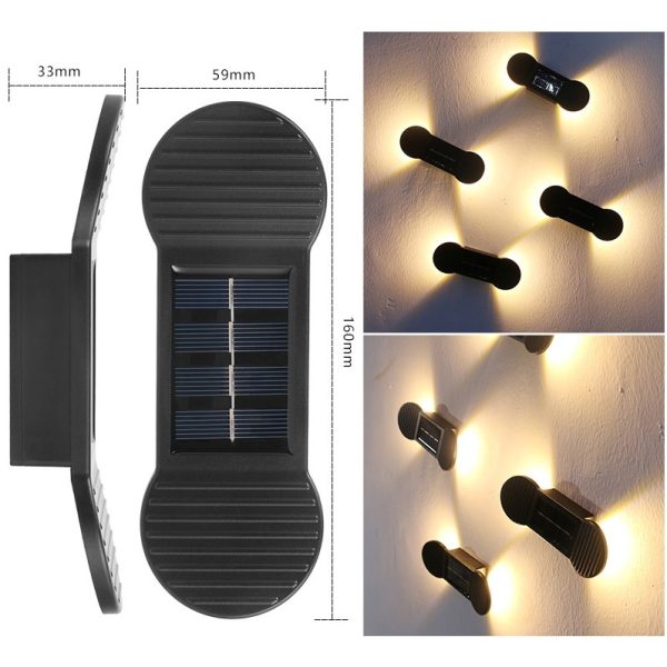 Aplica solara LED, Flippy, Set 4 Bucati, ABS/Policarbonat, rezistenta la apa IP65, 2 LED-uri SMD, pentru perete, scari, 1.2V, 600mah, 16 x 5.9 x 3.3  cm, Lumina Alb calda, Negru
