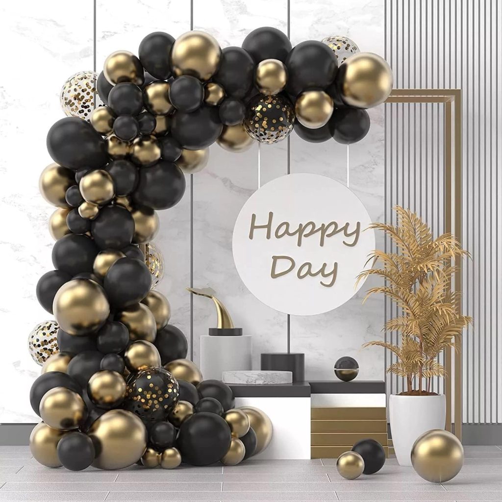 Baloane decorative pentru Nunta, Zi de Nastere, Evenimente, Flippy, Arcada Set din 107 baloane, din latex, baloane cu confetii, Negru Auriu