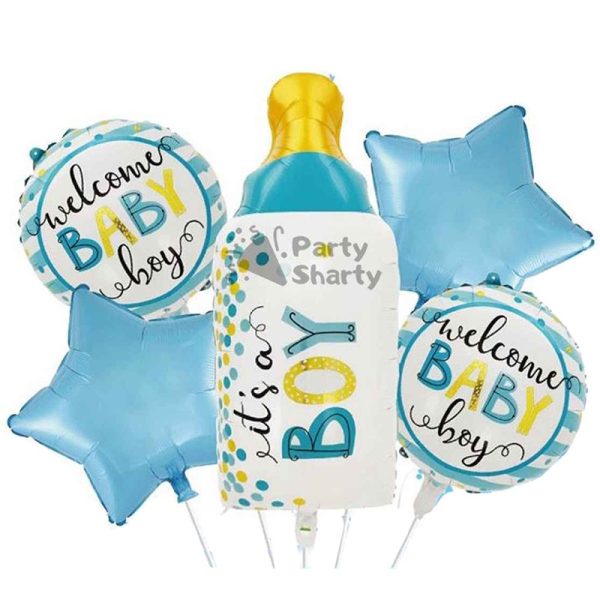 Baloane decorative GENDER REVEAL PARTY, Flippy, Figurina Sticla, Model IT'S A BOY, Set din 5 baloane, 40 x 77 cm, pentru Botez, Albastru