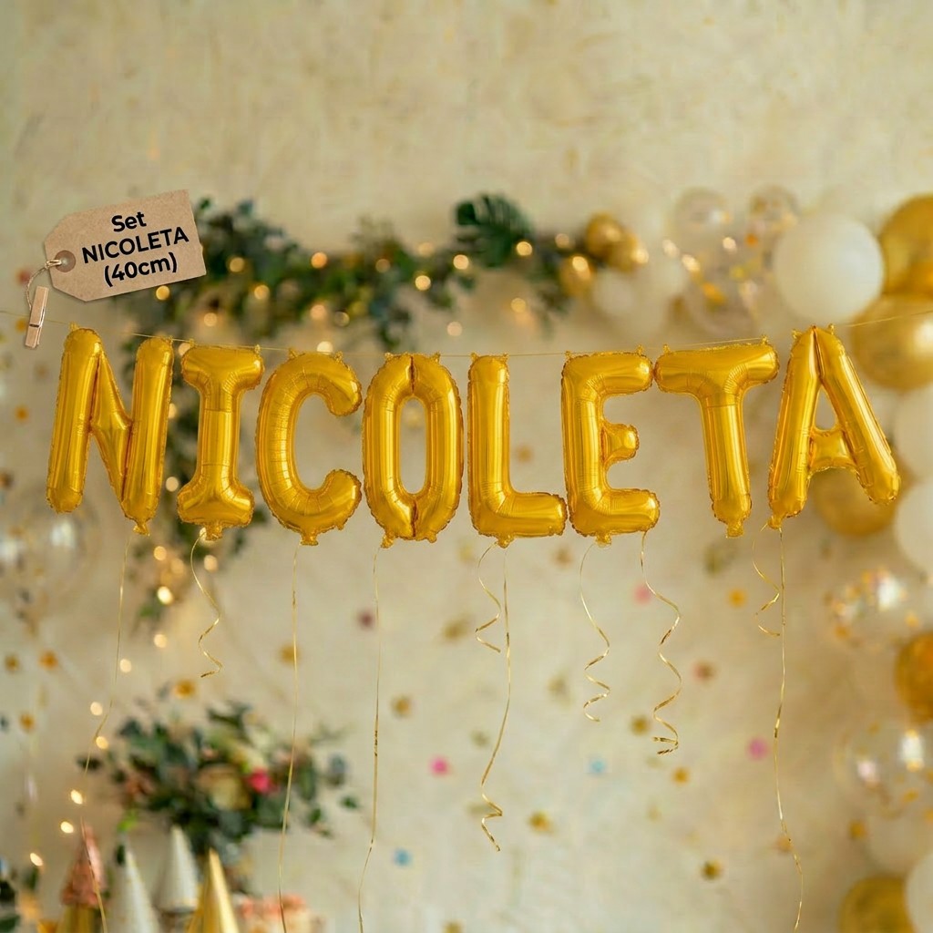 Baloane Folie Metalizate, Flippy, Set NICOLETA, Heliu sau Aer, Pai inclus, 40 cm, Auriu
