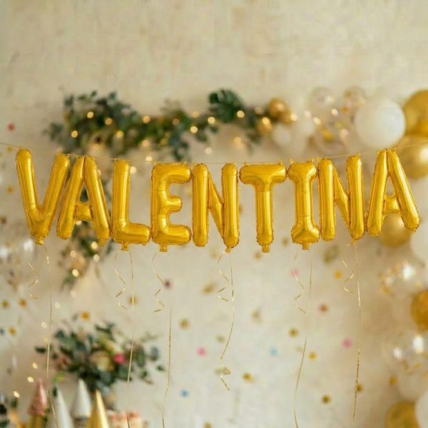 Baloane Folie Metalizate, Flippy, Set VALENTINA, Heliu sau Aer, Pai inclus, 40 cm, Auriu