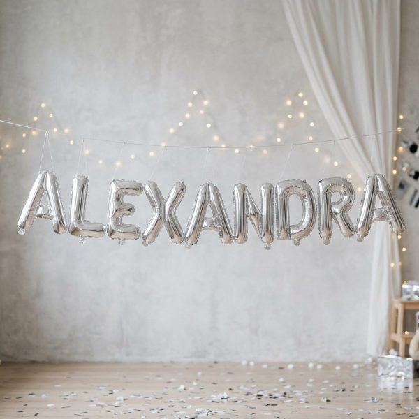 Baloane Folie Metalizate, Flippy, Set ALEXANDRA, Heliu sau Aer, Pai inclus, 40 cm, Argintiu
