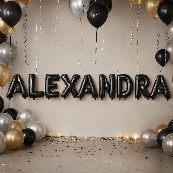Baloane Folie Metalizate, Flippy, Set ALEXANDRA, Heliu sau Aer, Pai inclus, 40 cm, Negru