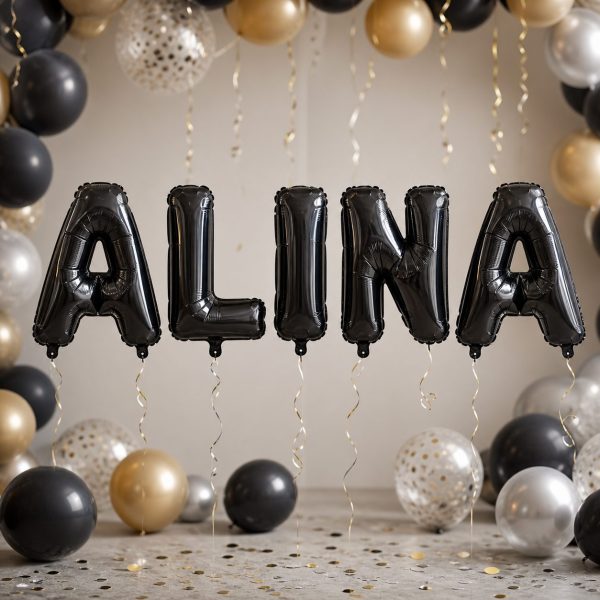 Baloane Folie Metalizate, Flippy, Set ALINA, Heliu sau Aer, Pai inclus, 40 cm, Negru