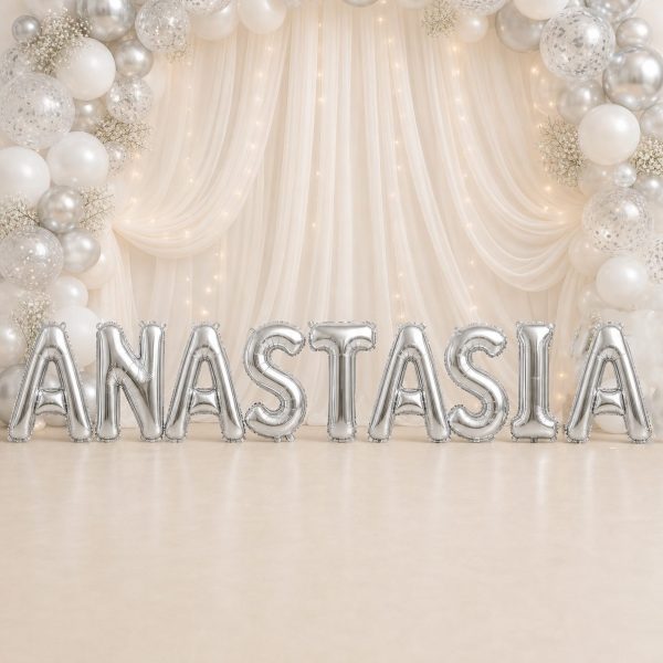 Baloane Folie Metalizate, Flippy, Set ANASTASIA, Heliu sau Aer, Pai inclus, 40 cm, Argintiu