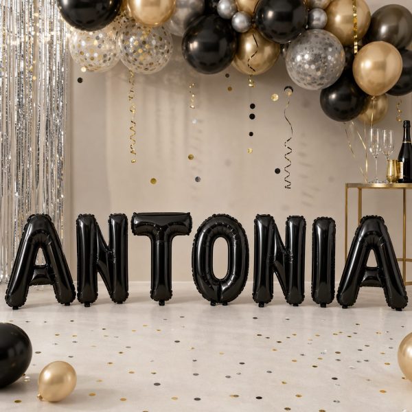 Baloane Folie Metalizate, Flippy, Set ANTONIA, Heliu sau Aer, Pai inclus, 40 cm, Negru