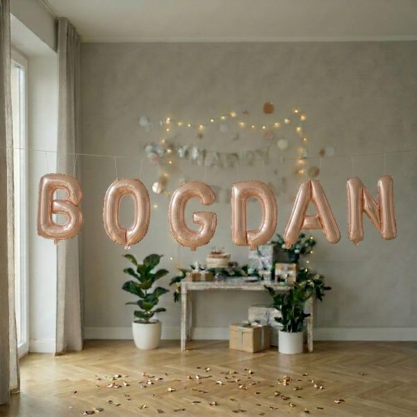 Baloane Folie Metalizate, Flippy, Set BOGDAN, Heliu sau Aer, Pai inclus, 40 cm, Rose Gold