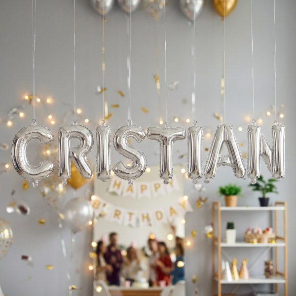 Baloane Folie Metalizate, Flippy, Set CRISTIAN, Heliu sau Aer, Pai inclus, 40 cm, Argintiu