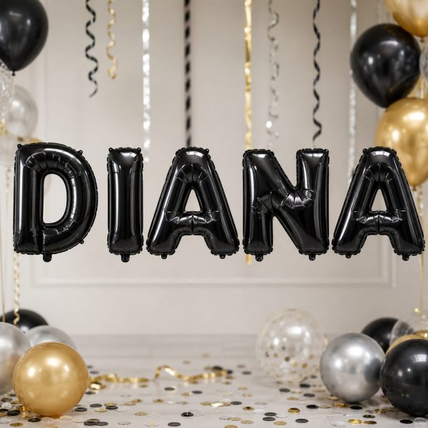 Baloane Folie Metalizate, Flippy, Set DIANA, Heliu sau Aer, Pai inclus, 40 cm, Negru