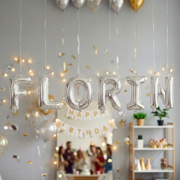 Baloane Folie Metalizate, Flippy, Set FLORIN, Heliu sau Aer, Pai inclus, 40 cm, Argintiu