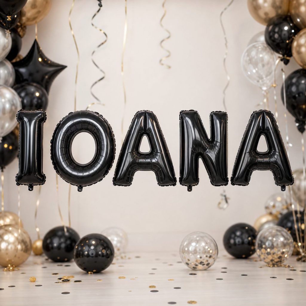 Baloane Folie Metalizate, Flippy, Set IOANA, Heliu sau Aer, Pai inclus, 40 cm, Negru