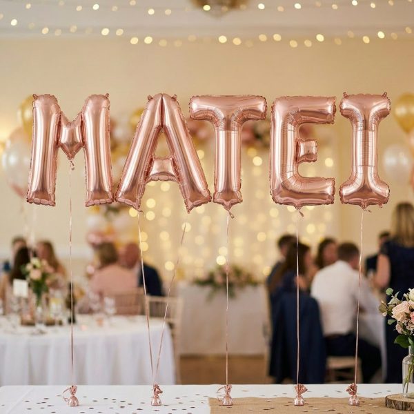 Baloane Folie Metalizate, Flippy, Set MATEI, Heliu sau Aer, Pai inclus, 40 cm, Rose Gold